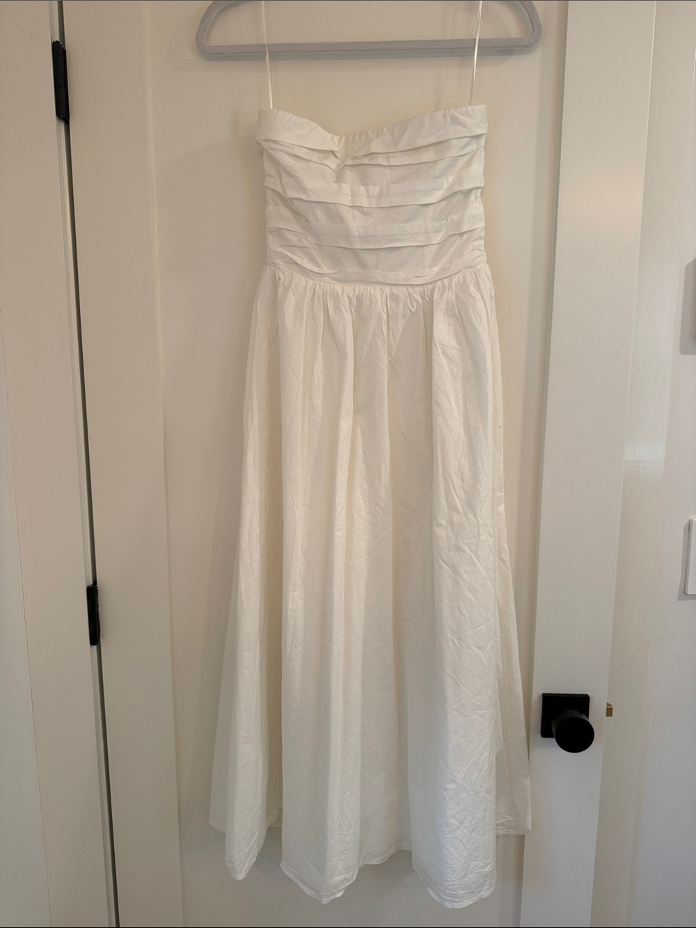 Wayf Strapless White Pleated Bodice Midi Dress